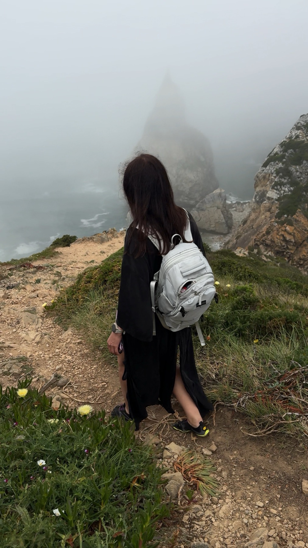 The ridge. Walking into the mist.